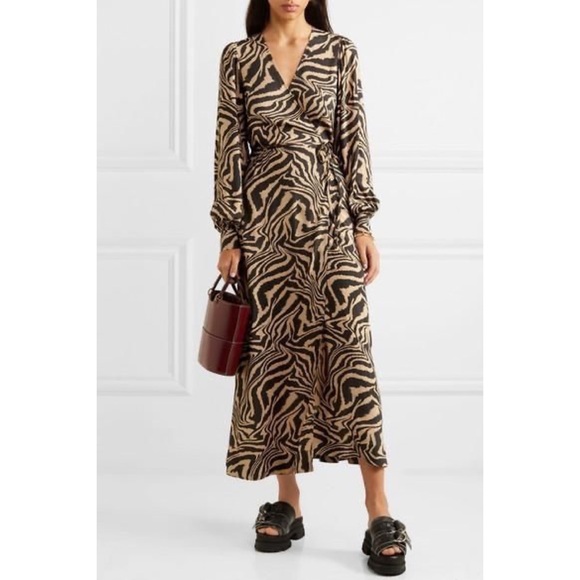 Ganni Dresses & Skirts - Ganni zebra print crepe midi wrap dress